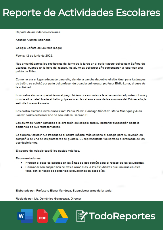 Reporte de actividades escolares